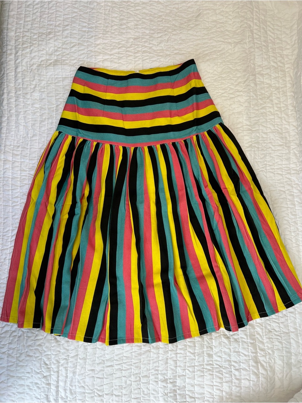 Striped Multicolor Midi Skirt in Yellow, Pink, Teal & Black - New Without Tags